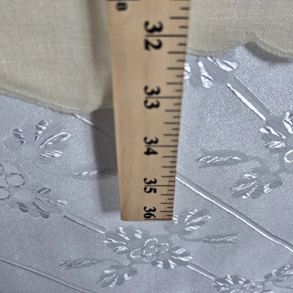 Vintage Cream Linen Tablecloth and 2 Napkin Set Floral Cutout Scalloped Edge 3pc